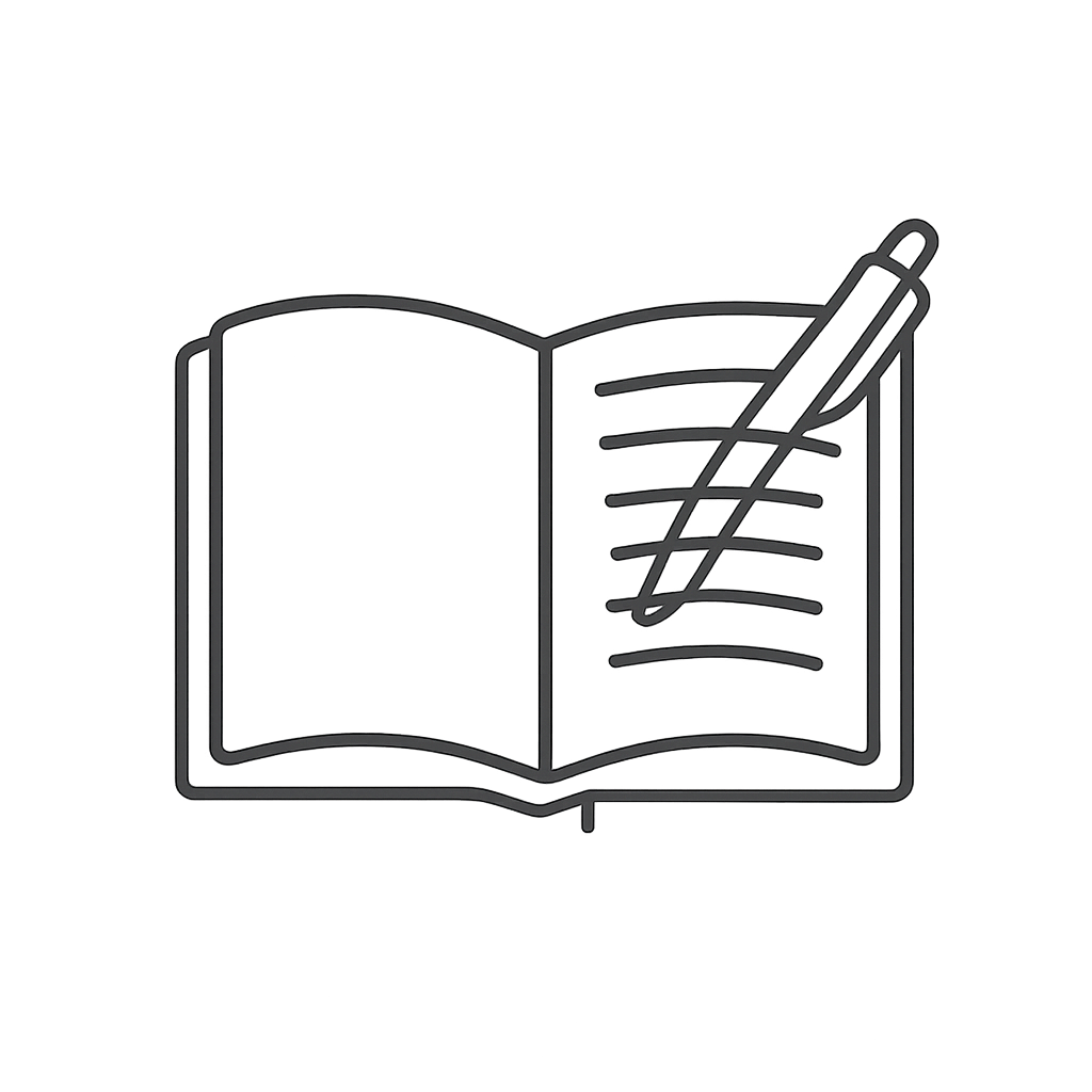 A simple sketch of an open book with text and pen on right page.